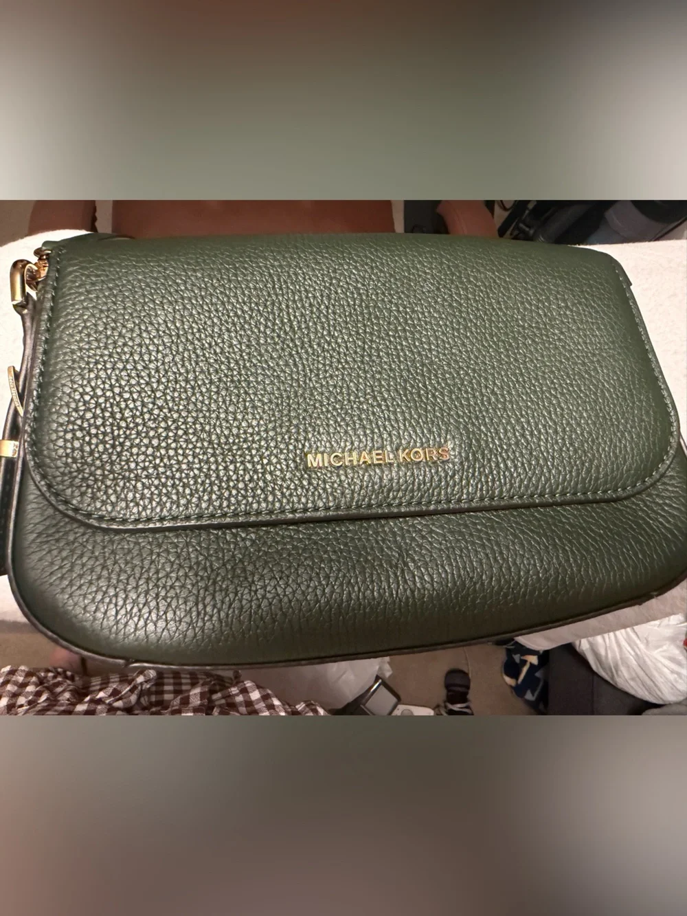 MICHAEL KORS Dark Olive Pebbled Leather Messenger Bag with Gold Hardware